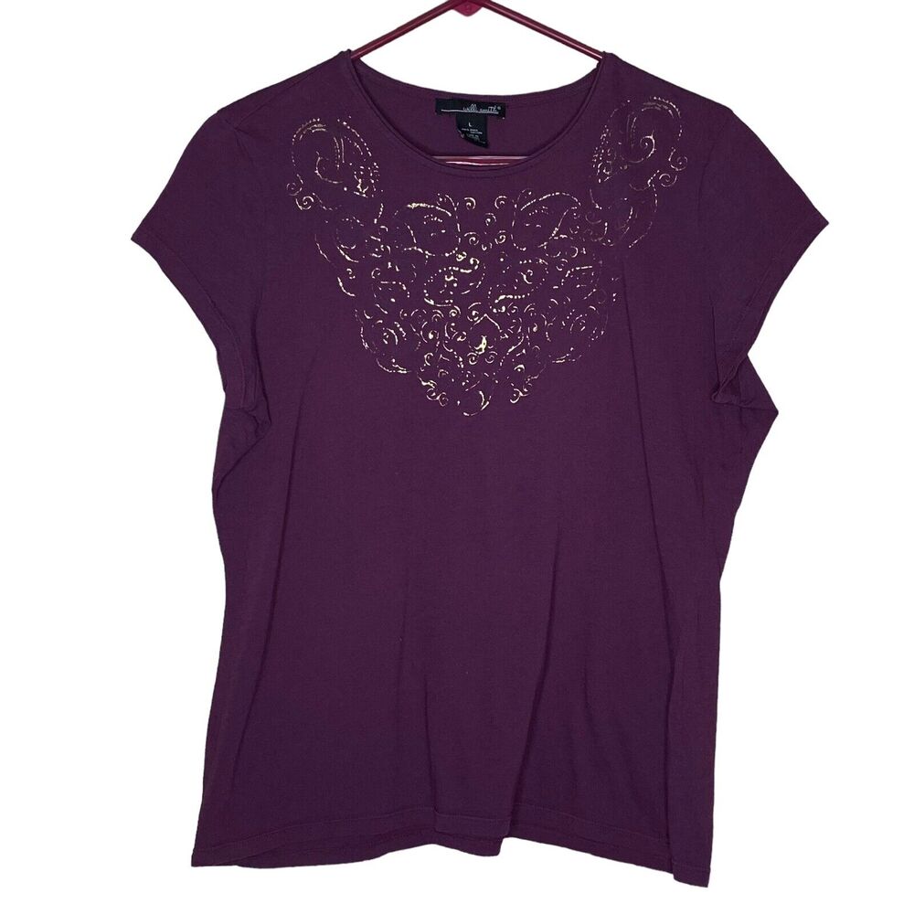 Willi Smith Large Purple T-Shirt with Gold Design Short Sleeve Crew 100% Cotton